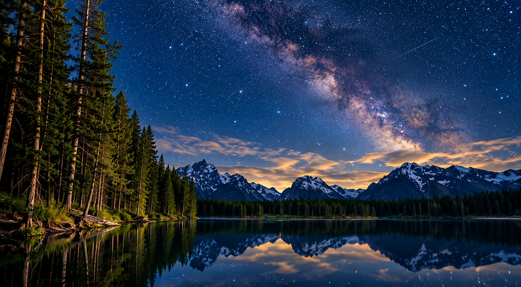 Milky Way stretching over a still alpine lake after sunset.