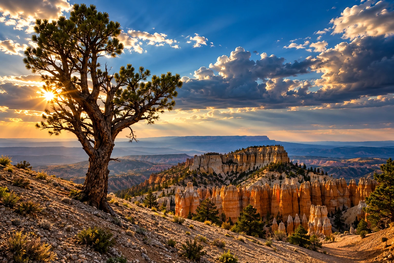 Cathedral of light. Sun rays stream through dramatic clouds above Bryce Canyon hoodoos and a solitary tree at sunset.
